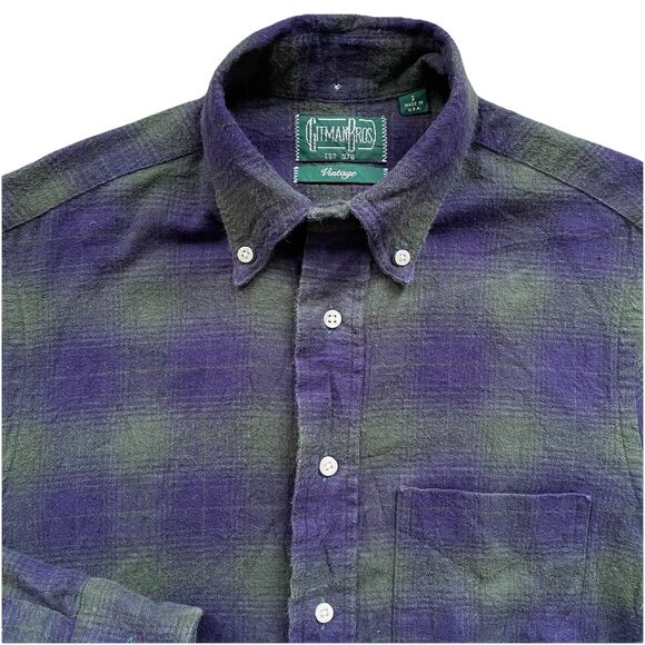 Gitman Vintage Shadow Plaid Flannel Shirt Small Green Blue Cotton Made in USA - Picture 1 of 8